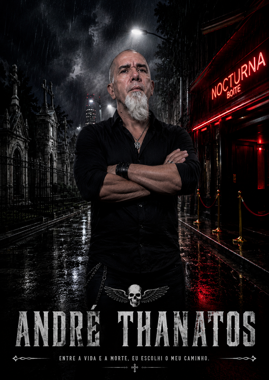 Arte oficial de Andre Thanatos em rua noturna sob chuva